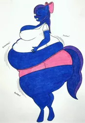 Size: 2442x3516 | Tagged: suggestive, artist:thaliaglacyswells, derpibooru import, oc, oc:sundae shake, anthro, belly, blueberry inflation, image, inflation, jpeg, sequence, thighs, traditional art