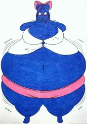 Size: 2420x3430 | Tagged: suggestive, artist:thaliaglacyswells, derpibooru import, oc, oc:sundae shake, anthro, unguligrade anthro, belly, belly button, big belly, big breasts, blueberry inflation, breasts, button popping, cleavage, female, huge belly, huge breasts, image, impossibly large belly, inflation, jpeg, sequence, solo, solo female, traditional art