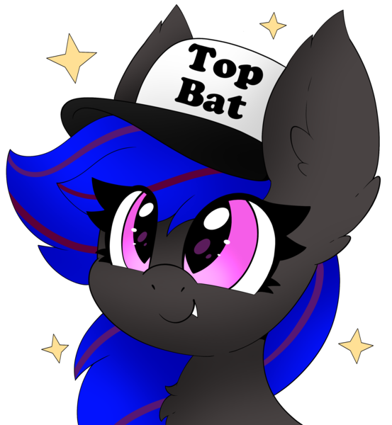 Size: 2515x2727 | Tagged: safe, artist:pegamutt, derpibooru import, oc, oc:ebony rose, unofficial characters only, bat pony, chest fluff, clothes, commission, commissioner:wolfgangrd, ear tufts, eyelashes, fangs, hat, hat with text, image, png