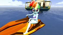 Size: 1600x900 | Tagged: suggestive, artist:oatmeal!, derpibooru import, rainbow dash, human, equestria girls, 3d, bikini, boat, clothes, gmod, image, jet ski, looking at you, ocean, png, riding, solo, swimsuit, water