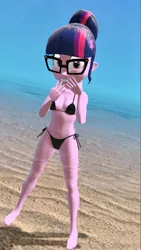 Size: 900x1600 | Tagged: suggestive, artist:oatmeal!, derpibooru import, sci-twi, twilight sparkle, human, equestria girls, 3d, beach, belly button, bikini, breasts, clothes, giggling, glasses, gmod, hands on face, image, looking at you, ocean, png, sexy, solo, spread legs, spreading, swimsuit, water, wide eyes