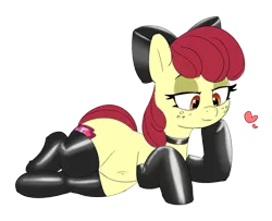 Size: 1200x975 | Tagged: suggestive, artist:pabbley, color edit, derpibooru import, edit, apple bloom, earth pony, pony, bedroom eyes, belly button, bow, choker, clothes, colored, female, floating heart, freckles, hair bow, heart, image, latex, latex socks, lidded eyes, lying down, mare, older, older apple bloom, png, raised hoof, raised leg, simple background, sketch, smiling, socks, solo, solo female