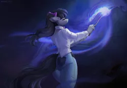 Size: 1738x1206 | Tagged: safe, artist:margony, derpibooru import, octavia melody, anthro, earth pony, bow, butt, clothes, eyes closed, female, hair bow, image, jeans, magic wand, pants, png, solo, treblebutt