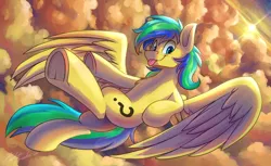 Size: 4565x2800 | Tagged: safe, artist:kaylerustone, derpibooru import, oc, oc:sky, unofficial characters only, pegasus, pony, cloud, commission, flying, image, jpeg, looking at you, male, spread wings, stallion, sunset, tongue out, underhoof, wings