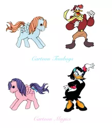 Size: 1411x1617 | Tagged: safe, derpibooru import, edit, north star, wind whistler, bird, duck, pegasus, pony, blue text, clothes, comparison, crossover, cute, disney, ducktales, female, g1, image, launchpad mcquack, magica de spell, magician, male, mare, northabetes, pilot, pink text, png, scarf, seperated at birth, shoes, simple background, text, whistlerbetes, white background