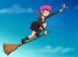 Size: 1200x880 | Tagged: safe, artist:empyu, derpibooru import, scootaloo, equestria girls, broom, cloud, crossover, female, flying, flying broomstick, harry potter (series), image, png, quidditch, sky, solo, warner brothers, wizard