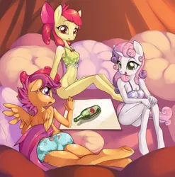 Size: 2600x2630 | Tagged: suggestive, artist:xennos, derpibooru import, apple bloom, scootaloo, sweetie belle, anthro, earth pony, pegasus, unguligrade anthro, unicorn, bottomless, clothes, cutie mark crusaders, image, no panties, partial nudity, png, spin the bottle, truth or dare, underwear
