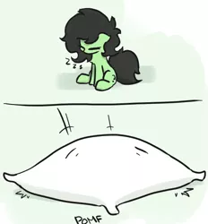 Size: 618x666 | Tagged: safe, artist:plunger, derpibooru import, oc, oc:anonfilly, unofficial characters only, earth pony, pony, 2 panel comic, chest fluff, comic, earth pony oc, eyes closed, female, filly, foal, image, mare, onomatopoeia, pillow, pillow fight, png, pomf, simple background, sitting, sleeping, solo, sound effects, zzz
