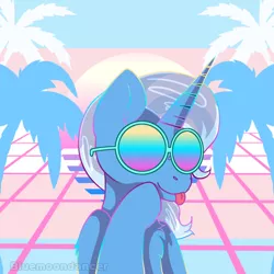 Size: 1640x1639 | Tagged: safe, artist:bluemoon, derpibooru import, trixie, pony, unicorn, great and powerful, image, png, pride, pride flag, pride month, solo, sunglasses, synthwave, transgender, transgender pride flag