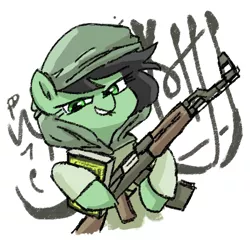 Size: 500x479 | Tagged: safe, artist:plunger, derpibooru import, oc, oc:anonfilly, unofficial characters only, earth pony, pony, ak-47, arabic, assault rifle, book, clothes, earth pony oc, female, filly, gun, hat, holding, hoof hold, image, looking at you, open mouth, png, rifle, simple background, solo, teeth, text, weapon, white background