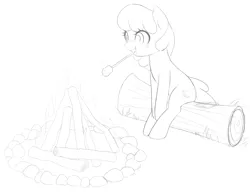 Size: 1300x1000 | Tagged: artist needed, safe, derpibooru import, oc, oc:s'mare, unofficial characters only, earth pony, pony, butt freckles, campfire, cute, earth pony oc, female, fire, food, freckles, grayscale, image, log, mare, marshmallow, monochrome, mouth hold, png, simple background, sitting, solo, stick, white background