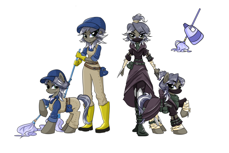 Size: 4000x2666 | Tagged: safe, artist:wenraz, derpibooru import, oc, oc:squeaky cleaner, unofficial characters only, earth pony, pony, equestria girls, assassin, bandage, bandana, baseball cap, belt, boots, cap, clothes, dagger, ear piercing, earring, equestria girls-ified, eyebrow piercing, female, gun, handgun, hat, image, jacket, janitor, jeans, jewelry, knee pads, knife, mare, mask, mop, overalls, pants, piercing, pistol, png, raised hoof, scar, self paradox, self ponidox, shirt, shoes, simple background, skirt, transparent background, weapon
