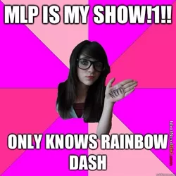 Size: 625x625 | Tagged: safe, derpibooru import, human, artifact, caption, female, glasses, idiot nerd girl, image, image macro, impact font, implied rainbow dash, irl, irl human, jpeg, meme, nerd, no pony, photo, text, watermark