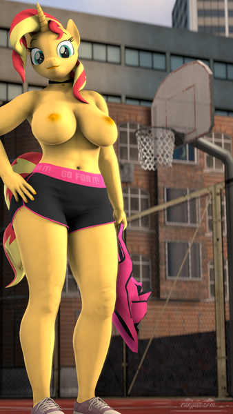 Size: 2160x3840 | Tagged: questionable, artist:calypsosfm, derpibooru import, sunset shimmer, anthro, plantigrade anthro, unicorn, 3d, 4k, basketball, basketball court, basketball net, belly button, big breasts, breasts, building, busty sunset shimmer, challenge, choker, city, clothes, court, curvy, exhibitionism, exposed breasts, female, fence, hand on hip, high res, hips, holding clothes, horn, huge breasts, image, jewelry, legs, looking at you, low angle, necklace, nipples, nudity, outdoors, partial nudity, png, posing for photo, public nudity, raised eyebrow, sexy, shoes, shorts, smiling, smiling at you, smirk, sneakers, solo, solo female, source filmmaker, sports, standing, stupid sexy sunset shimmer, the ass was fat, thicc thighs, thick, thighs, topless, urban, wide hips, workout outfit