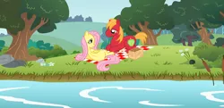 Size: 2100x1013 | Tagged: safe, artist:tprinces, derpibooru import, edit, big macintosh, fluttershy, earth pony, pegasus, pony, 2012, basket, cropped, female, fluttermac, image, looking at each other, looking at someone, lying, lying down, male, mare, picnic, picnic basket, picnic blanket, png, ponyloaf, prone, river, shipping, smiling, smiling at each other, stallion, straight, stream, water