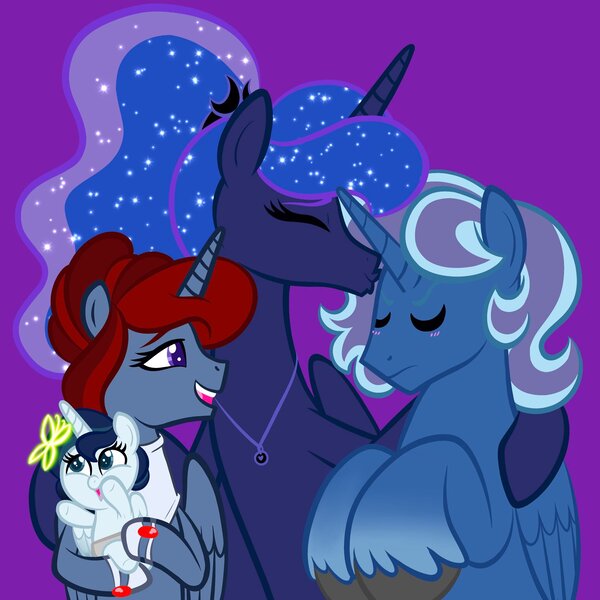 Size: 2048x2048 | Tagged: safe, artist:chelseawest, derpibooru import, princess luna, oc, oc:bloodmoon, oc:moonshine, oc:moonstone, alicorn, butterfly, insect, pony, alicorn oc, baby, baby pony, descendant, father and child, father and daughter, female, flying, foal, forehead kiss, grandchild, grandfather, grandfather and grandchild, grandfather and granddaughter, grandmother and grandchild, grandmother and granddaughter, great grandchild, great granddaughter, great grandmother, hologram, horn, image, jpeg, kissing, male, maternaluna, mother and child, mother and son, offspring, offspring's offspring, parent:oc:bloodmoon, parent:oc:blue moon, parent:oc:melody sweet, parent:oc:moonstone, parent:oc:platinum lune, parent:princess luna, parents:canon x oc, parents:oc x oc, petalverse, wings