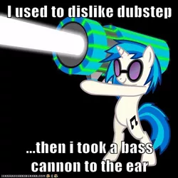 Size: 500x500 | Tagged: safe, derpibooru import, vinyl scratch, pony, unicorn, arrow in the knee (meme), bass cannon, bipedal, black background, caption, dubstep, female, image, image macro, impact font, jpeg, meme, simple background, solo, standing on two hooves, sunglasses, text