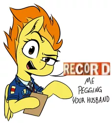 Size: 901x982 | Tagged: suggestive, artist:pinkberry, derpibooru import, edit, spitfire, pegasus, pony, academy record, caption, clipboard, clothes, colored sketch, expand dong, exploitable meme, image, image macro, implied pegging, meme, png, simple background, text, uniform, white background