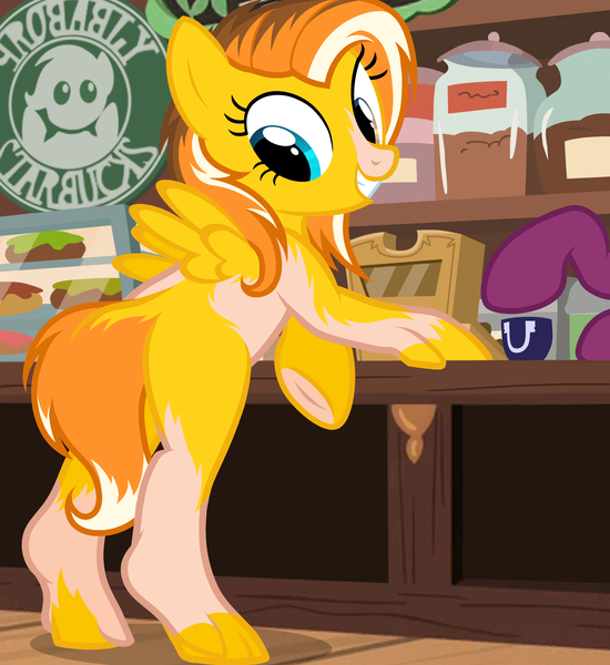 Size: 1317x1438 | Tagged: safe, artist:anonymous, artist:show accurate tf anon, derpibooru import, oc, oc:epic smiles, unofficial characters only, pegasus, pony, /mlp/, /ptfg/, 4chan, bipedal, bipedal leaning, coffee, coffee mug, female, fusing fingers, happy, image, leaning, mare, mid-transformation, mug, png, show accurate, starbucks, transformation, underhoof