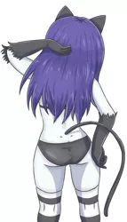 Size: 2005x3505 | Tagged: suggestive, artist:sumin6301, derpibooru import, rarity, equestria girls, away from viewer, butt, cat ears, cat tail, catsuit, high res, image, jpeg, purple hair, raricat, rearity, simple background, stupid sexy rarity, tail, white background