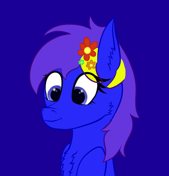 Size: 1300x1350 | Tagged: safe, artist:windy, derpibooru import, oc, oc:spacer rhythmic, unofficial characters only, pony, blue background, blue eyes, bust, cheek fluff, chest fluff, colored, cute, ear fluff, female, flat colors, flower, flower in hair, image, mare, png, simple background, smiling, solo, solo female, two toned mane, upper body