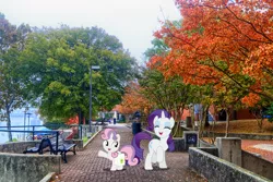 Size: 1500x1000 | Tagged: safe, artist:dashiesparkle, artist:mlplover94, derpibooru import, rarity, sweetie belle, pony, unicorn, arkansas, bag, bench, duo, eyes closed, female, filly, foal, image, irl, little rock, mare, open mouth, outdoors, photo, png, ponies in real life, raised hoof, saddle bag, siblings, sisters, smiling