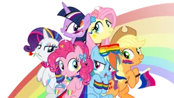 Size: 1280x723 | Tagged: safe, artist:joburii, derpibooru import, applejack, fluttershy, pinkie pie, rainbow dash, rarity, twilight sparkle, pony, face paint, image, mane six, png, pride flag, rainbow, simple background, transparent background