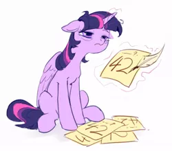 Size: 1011x890 | Tagged: safe, artist:luciferamon, derpibooru import, twilight sparkle, twilight sparkle (alicorn), alicorn, pony, 42, bags under eyes, female, floppy ears, hitchhiker's guide to the galaxy, image, jpeg, magic, mare, paper, quill, simple background, sitting, sleepy, solo, telekinesis, tired, white background, writing