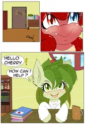 Size: 1247x1800 | Tagged: safe, artist:freefraq, derpibooru import, oc, oc:cherry slime, oc:flower, goo, goo pony, original species, plant pony, comic:cherry visit shenigans, clothes, comic, image, lab coat, plant, png