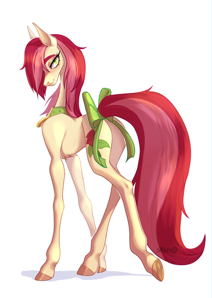 Size: 3200x4488 | Tagged: safe, artist:satan, derpibooru import, roseluck, pony, bow, collar, commission, commissioner:doom9454, cute, image, long legs, pet tag, png, pony pet, rosepet, tail, tail bow