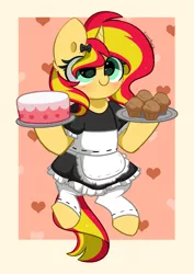 Size: 2809x3976 | Tagged: safe, artist:kittyrosie, derpibooru import, sunset shimmer, semi-anthro, unicorn, blushing, cake, clothes, cute, food, image, maid, muffin, png, shimmerbetes