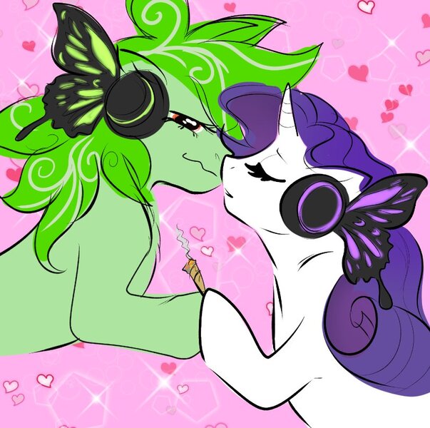 Size: 811x807 | Tagged: safe, artist:burgerpaws, derpibooru import, rarity, oc, oc:stoney poney, earth pony, pony, unicorn, canon x oc, drugs, female, headphones, high, image, joint, jpeg, kissing, lesbian, mare, marijuana, shipping, smoke