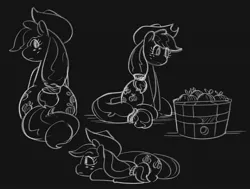 Size: 2650x2001 | Tagged: safe, artist:applephil, derpibooru import, applejack, earth pony, pony, apple, black and white, black background, bucket, female, food, grayscale, image, jpeg, looking at something, looking at you, looking back, looking back at you, lying down, mare, monochrome, prone, simple background, sitting, sketch, sketch dump, solo