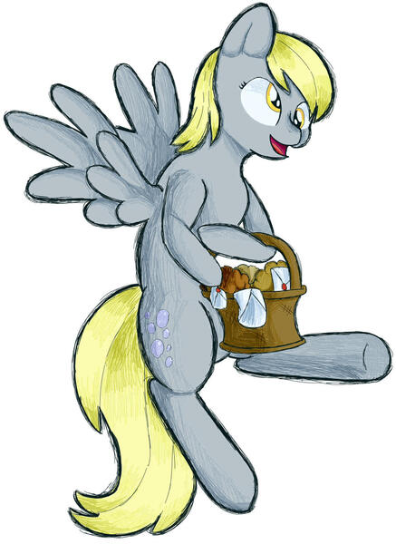 Size: 1280x1757 | Tagged: safe, artist:trr_bc, derpibooru import, derpy hooves, pegasus, pony, fighting is magic, bag, fighting is magic aurora, food, image, jpeg, mail, mailbag, muffin, simple background, splash art, white background