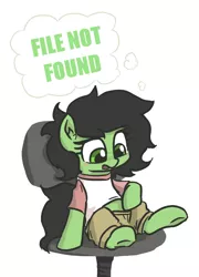 Size: 506x704 | Tagged: safe, artist:plunger, derpibooru import, oc, oc:anonfilly, earth pony, pony, 404, blushing, clothes, computer chair, ear fluff, earth pony oc, female, file not found, filly, image, implied penis, looking down, mare, open mouth, pants, png, shirt, simple background, sitting, solo, t-shirt, thought bubble, white background