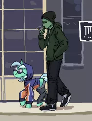 Size: 496x656 | Tagged: safe, artist:plunger, derpibooru import, lyra heartstrings, oc, oc:anon, ponified, human, pony, unicorn, beanie, beanie hat, cigarette, clothes, drawthread, duo, female, glasses, hat, holding, hoodie, human male, image, male, mare, png, smiling, smoking, walking