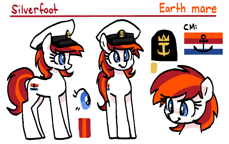 Size: 772x487 | Tagged: safe, artist:plunger, derpibooru import, oc, oc:silverfoot, unofficial characters only, earth pony, pony, cute, cutie mark, earth pony oc, female, hat, image, mare, png, reference sheet, simple background, smiling, solo, standing, white background
