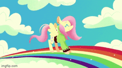 Size: 360x202 | Tagged: safe, artist:syrupyyy, derpibooru import, editor:fluttershyisnot adoormat, fluttershy, pegasus, pony, animated, antonymph, clothes, cute, female, fluttgirshy, gif, gir, happy, hoodie, image, jumping, mare, pink fluffy unicorns dancing on rainbows, rainbow, vylet pony, wings