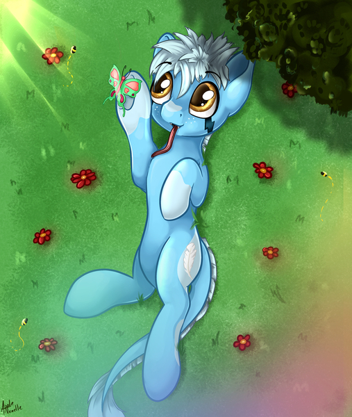 Size: 1280x1516 | Tagged: safe, artist:appleneedle, derpibooru import, oc, butterfly, earth pony, insect, monster pony, original species, pony, tatzlpony, art, character, digital, draw, drawing, fanart, field, flower, grass, image, jpeg, nature, paint, painting, rainbow, sun, tree