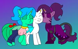 Size: 1084x683 | Tagged: safe, artist:fsnyion, derpibooru import, oc, oc:blissy, oc:dee-vos, oc:nyion, changedling, changeling, hybrid, pony, pony town, blushing, image, kissing, png