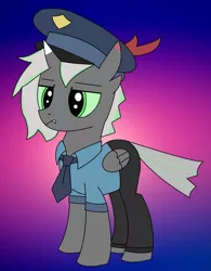 Size: 526x675 | Tagged: safe, artist:fsnyion, derpibooru import, oc, oc:aurelioss, unofficial characters only, hybrid, pony, clothes, fangs, folded wings, full body, gradient background, hooves, horn, image, lidded eyes, male, necktie, png, police, police hat, police officer, police uniform, solo, stallion, standing, tail, uniform, uniform hat, wings