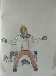 Size: 2989x4069 | Tagged: safe, artist:darkdragon-kun, derpibooru import, rainbow dash, starlight glimmer, trixie, twilight sparkle, twilight sparkle (alicorn), oc, oc:blaze darkdragon, alicorn, human, pony, unicorn, dragon ball, image, jpeg, original art, rainbow, sacrifice, traditional art