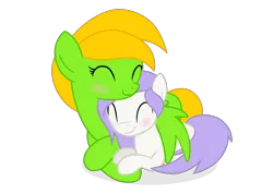 Size: 2970x2100 | Tagged: safe, artist:candy meow, derpibooru import, oc, oc:candy meow, oc:mockery, unofficial characters only, earth pony, pegasus, pony, blushing, colt, cuddling, digital art, duo, earth pony oc, eyes closed, female, foal, high res, hug, image, lying down, male, mane, mare, pegasus oc, png, shadow, show accurate, simple background, smiling, snuggling, tail, transparent background, winghug, wings