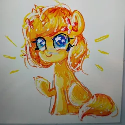 Size: 2320x2320 | Tagged: safe, artist:doodle.vxe, derpibooru import, oc, oc:juicy pineapple, pony, unicorn, chibi, female, flower, flower in hair, image, jpeg, looking up, mare, photo, simple background, sitting, sketch, solo, starry eyes, white background, wingding eyes