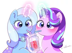 Size: 3652x2696 | Tagged: safe, artist:leo19969525, derpibooru import, starlight glimmer, trixie, pony, unicorn, blushing, drink, drinking, duo, duo female, female, glow, glowing horn, hair, high res, horn, image, jewelry, jpeg, mare, simple background, white background