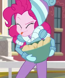 Size: 897x1080 | Tagged: safe, derpibooru import, screencap, pinkie pie, equestria girls, equestria girls series, holidays unwrapped, spoiler:eqg series (season 2), blizzard or bust, cropped, food, image, png, potato, solo, tongue out