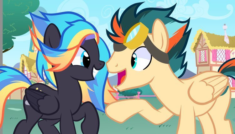 Size: 750x427 | Tagged: safe, derpibooru import, oc, oc:blooming spark, oc:turbo swifter, pegasus, pony, duo, female, goggles, image, jpeg, male, mare, pegasus oc, ponyville, shipping, stallion, turbospark, wings