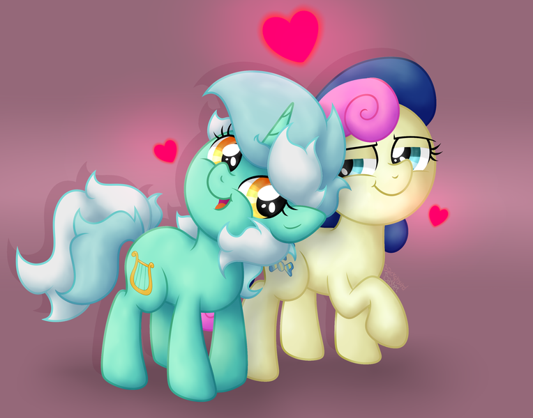 Size: 2885x2265 | Tagged: safe, artist:background basset, derpibooru import, bon bon, lyra heartstrings, sweetie drops, earth pony, pony, unicorn, duo, duo female, female, happy, heart, image, lesbian, lyrabon, png, shipping, simple background