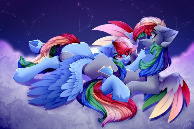 Size: 3500x2329 | Tagged: safe, artist:shinoshai, derpibooru import, rainbow dash, oc, oc:dark rainbow, pegasus, pony, canon x oc, cloud, constellation, cuddling, cute, darsh, female, female on male, holding, holding hooves, image, male, mare, night, pegasus oc, png, sexy, shipping, stallion, stars, straight, wings