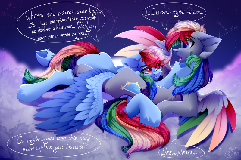 Size: 3500x2329 | Tagged: safe, artist:shinoshai, derpibooru import, rainbow dash, oc, oc:dark rainbow, pegasus, pony, canon x oc, cloud, constellation, cuddling, cute, darsh, dialogue, female, female on male, holding, holding hooves, image, male, mare, night, pegasus oc, png, sexy, shipping, stallion, straight, wings